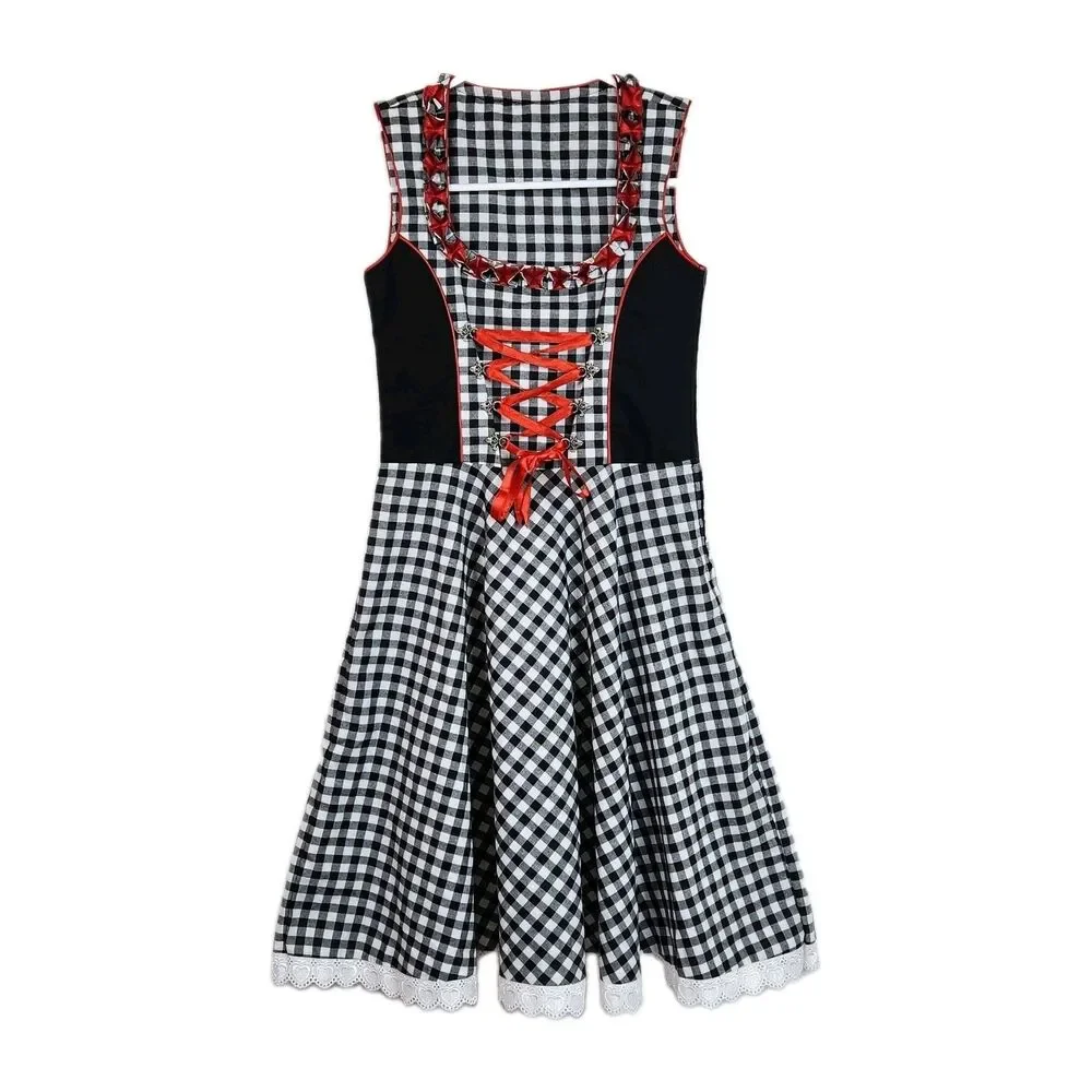 Authentic German Girls Gingham Dirndl Dress Ribbon Lace Up Oktoberfest Sz. 9/10